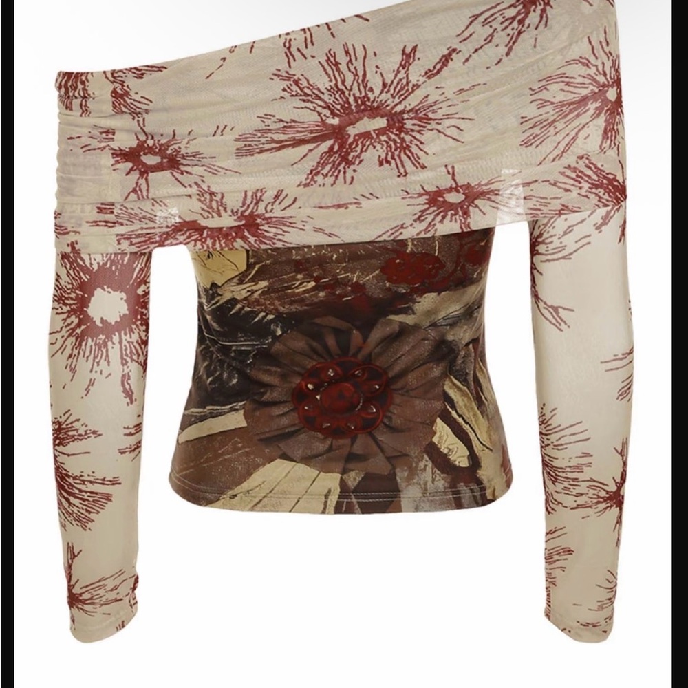 Off-Shoulder Floral Print Women’s Top in Cream and Brown